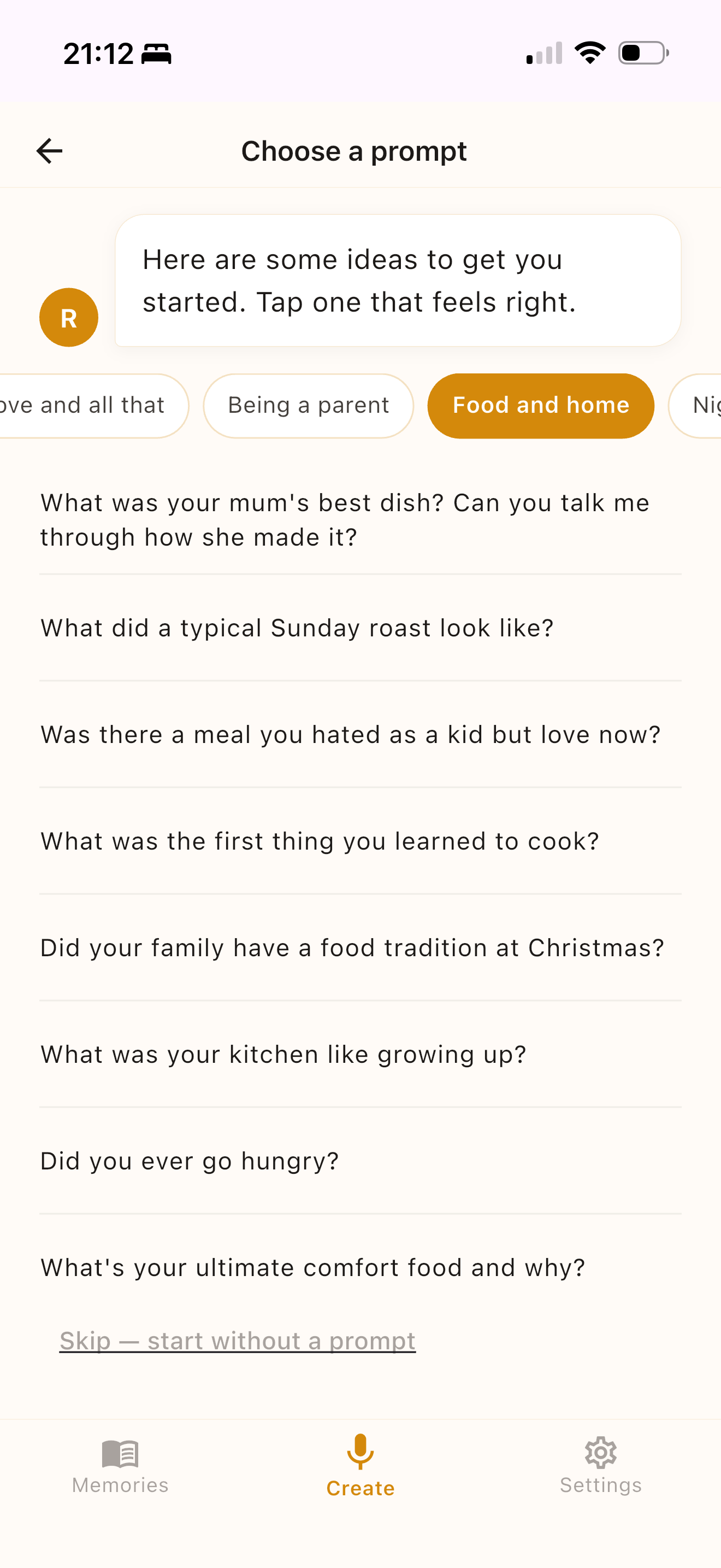 Food and home prompts